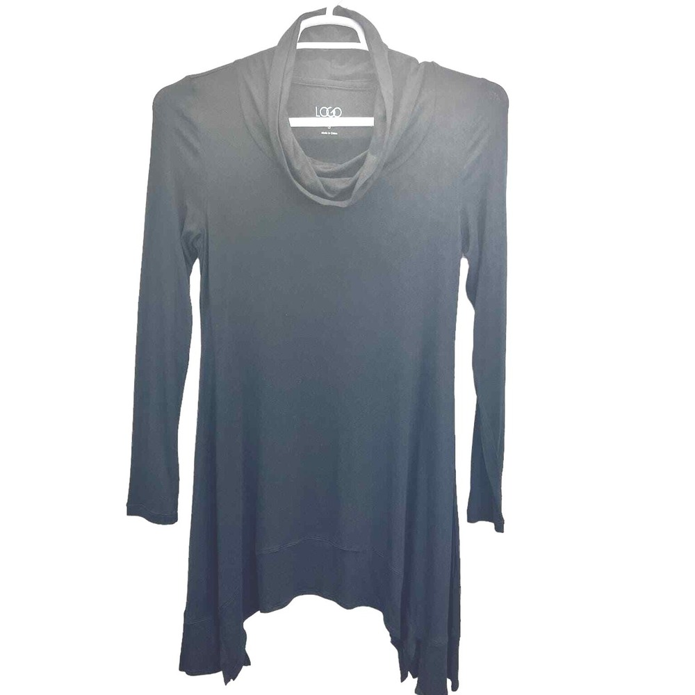 LOGO Lori Goldstein Tunic Women Rayon Spandex Cowl Neck‎ Sharkbite Hem Black S